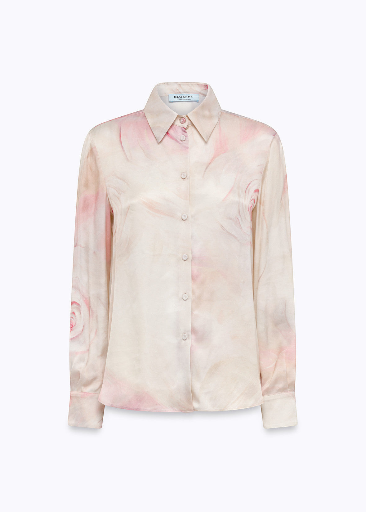 MiLA Boutique cream satin shirt with abstract pink rose print, long sleeves, and button-up front.