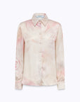 MiLA Boutique cream satin shirt with abstract pink rose print, long sleeves, and button-up front.