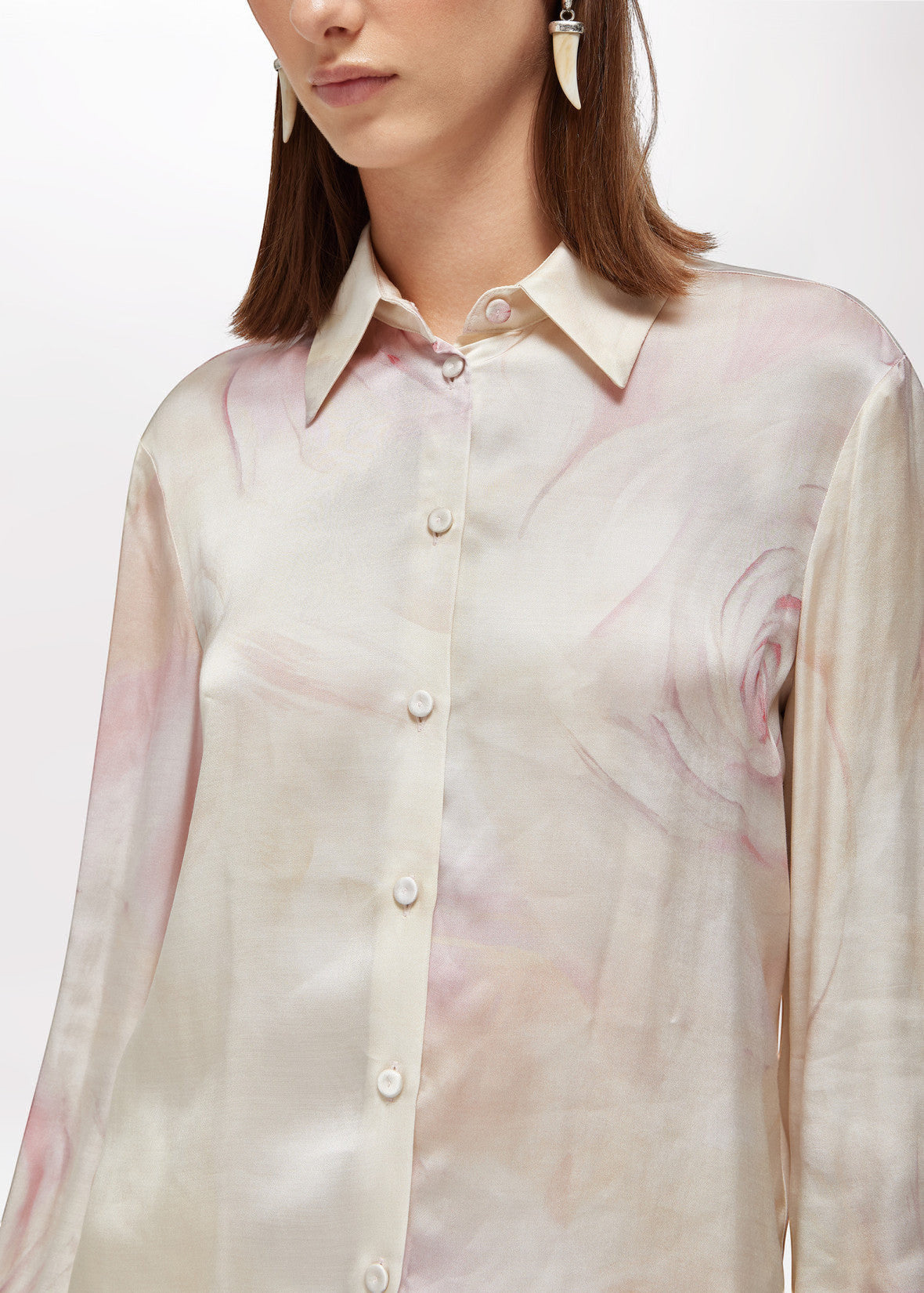 MiLA Boutique cream satin shirt with pink rose print, long sleeves, and covered buttons. Straight silhouette for elegant drape.