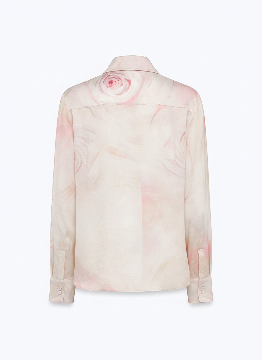 MiLA Boutique light pink and cream rose print viscose satin shirt with long sleeves and covered buttons.