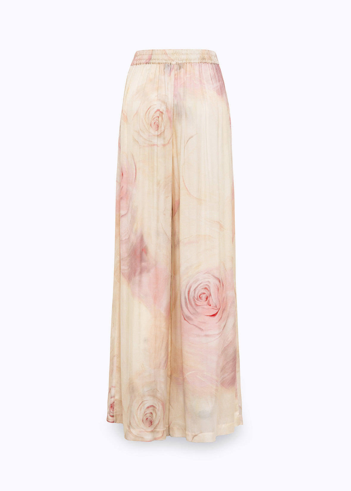 MiLA Boutique wide-leg satin trousers with a delicate rose print in cream and pink, featuring an elasticated waistband and relaxed fit.