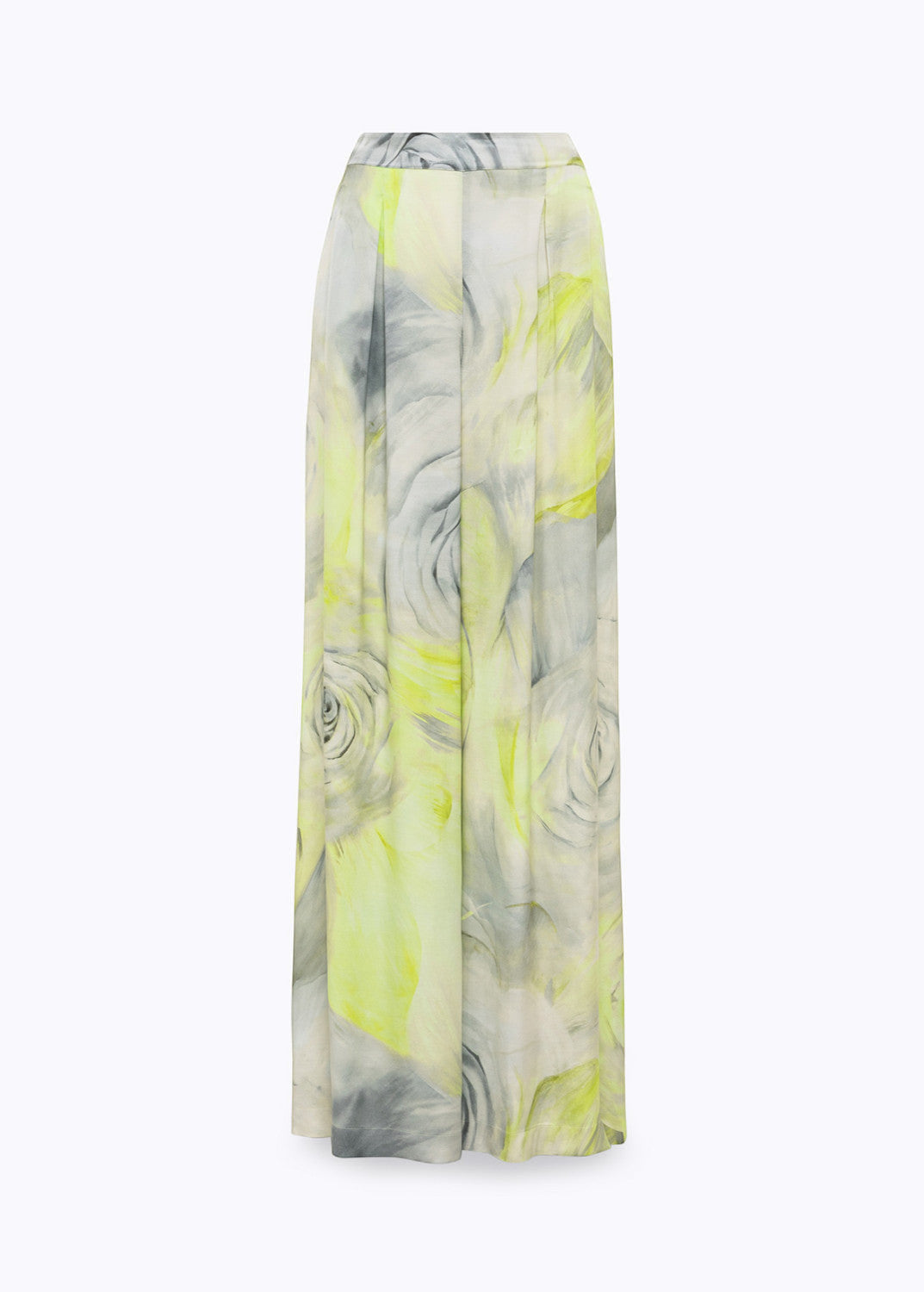 Blugirl Blumarine wide-leg satin trousers with a grey and neon yellow rose print. Elasticated waistband and side pockets.
