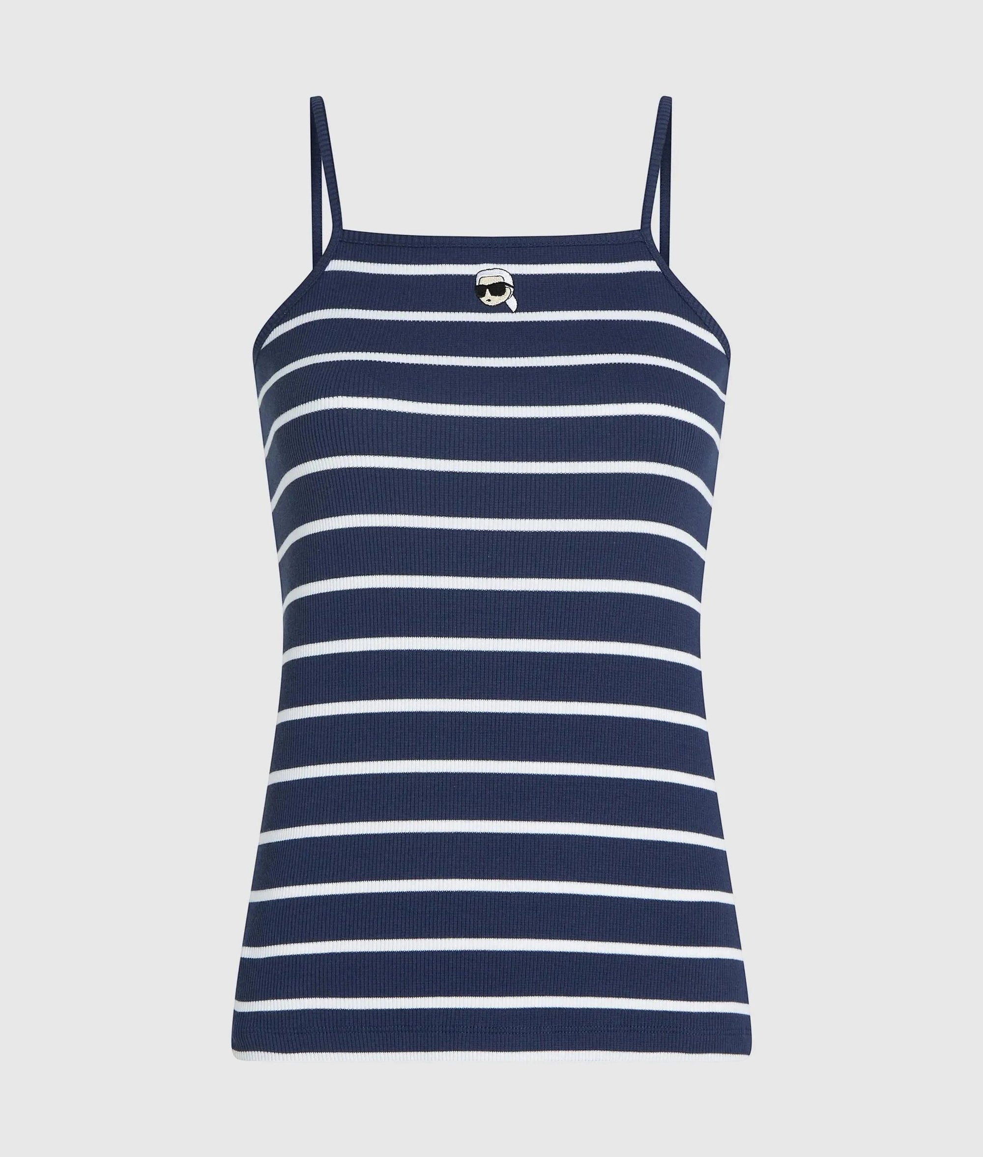 MiLA Boutique navy and white striped ribbed tank top with square neckline and embroidered Ikon Karl artwork.