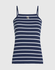 MiLA Boutique navy and white striped ribbed tank top with square neckline and embroidered Ikon Karl artwork.