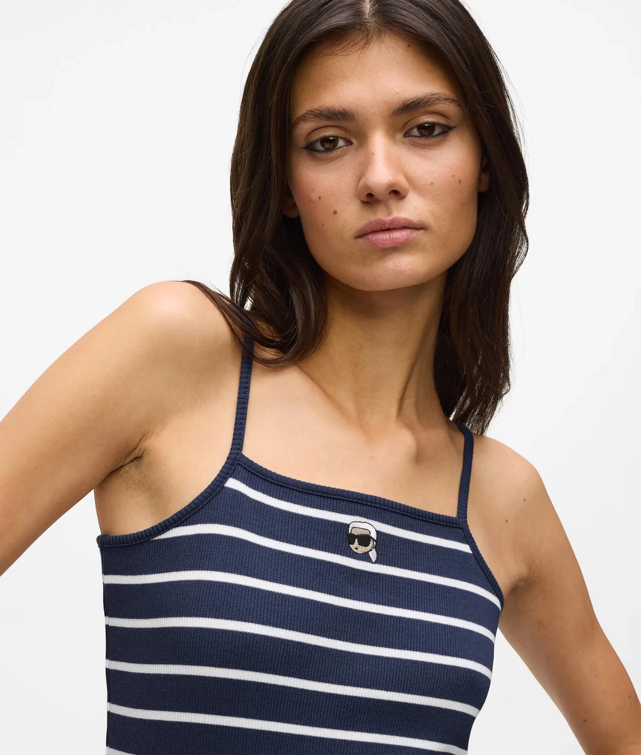 MiLA Boutique navy and white striped ribbed tank top with square neckline and embroidered Karl artwork.