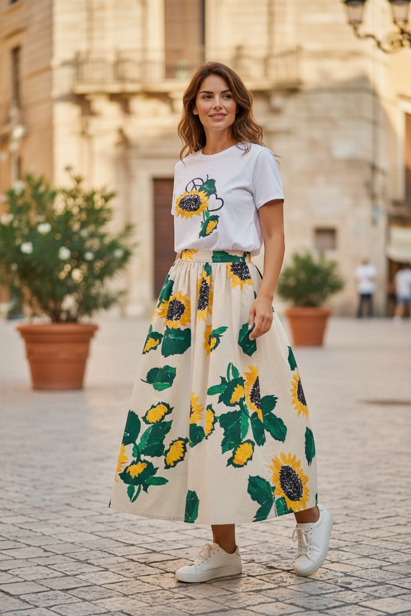Moschino Jeans cream cotton poplin skirt with all-over sunflower print and elasticated waist.