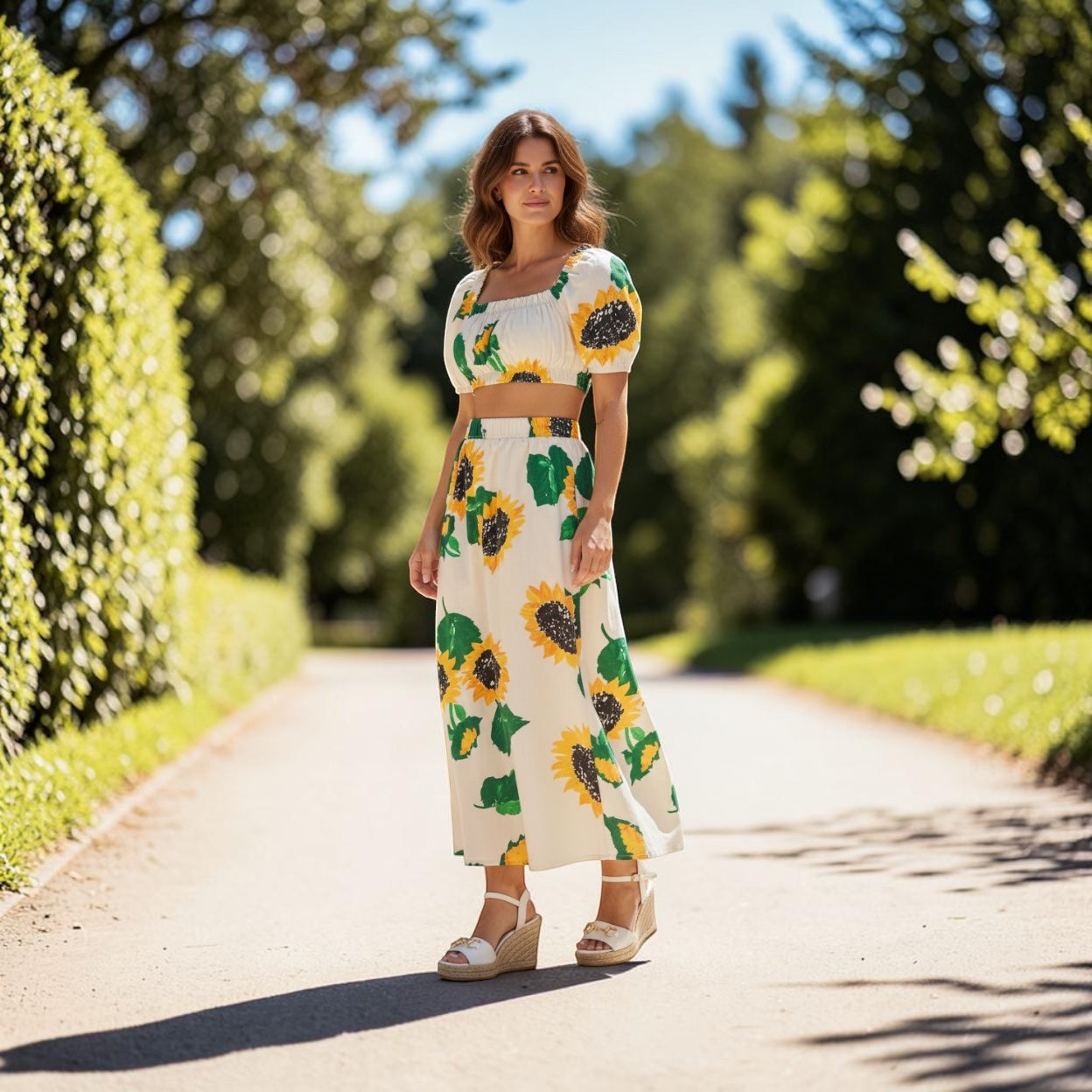 MiLA Boutique white cotton poplin crop top with sunflower print, square neckline, and puff sleeves.