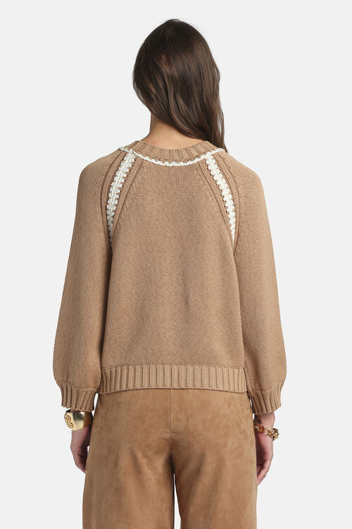 MiLA Boutique tan cotton raglan sweater with white fan-stitch embellishments on sleeves and neckline.