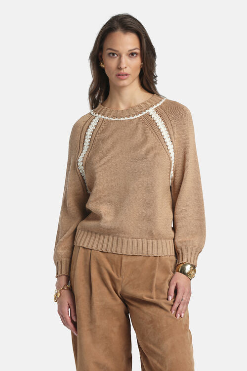MiLA Boutique tan cotton raglan sweater with white fan-stitch embellishments on sleeves and neckline, ribbed trims.