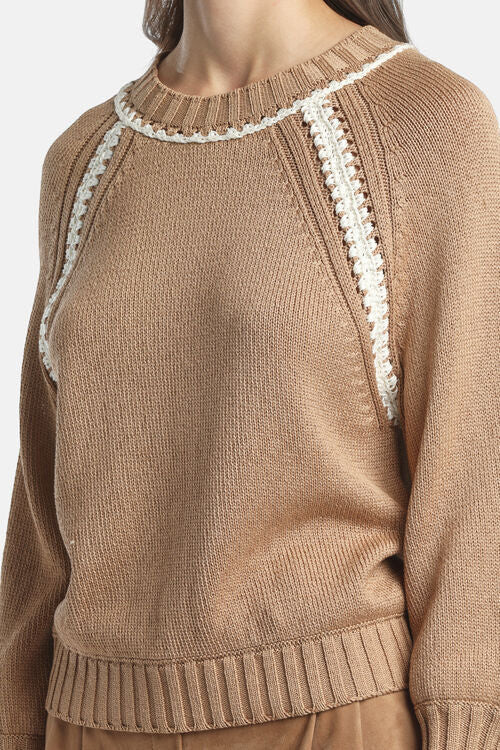 MiLA Boutique tan cotton raglan sweater with white fan-stitch embellishments on sleeves and neckline.