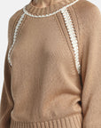 MiLA Boutique tan cotton raglan sweater with white fan-stitch embellishments on sleeves and neckline.