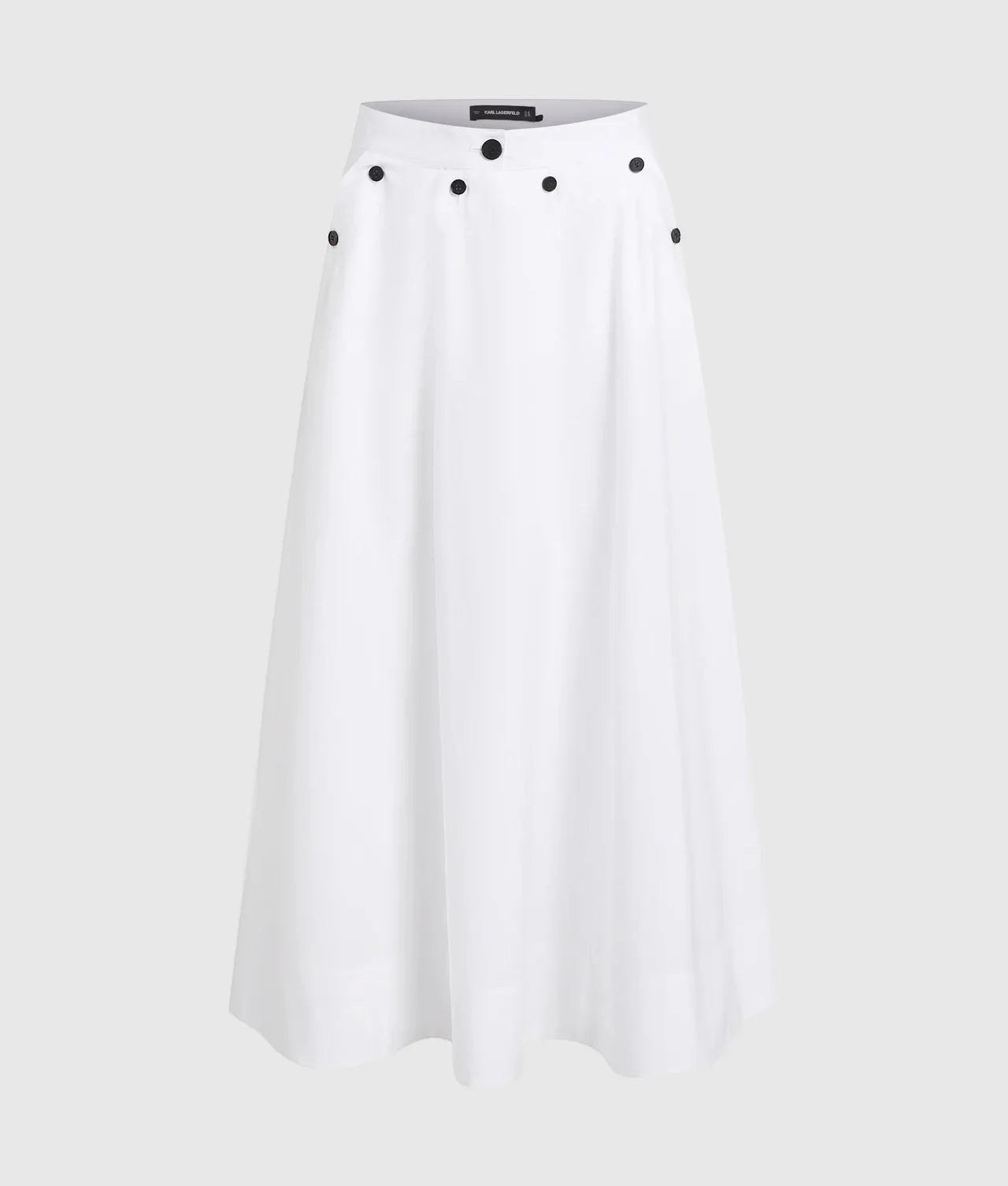 MiLA Boutique white A-line maxi skirt with black button details on the waistband and side pockets.