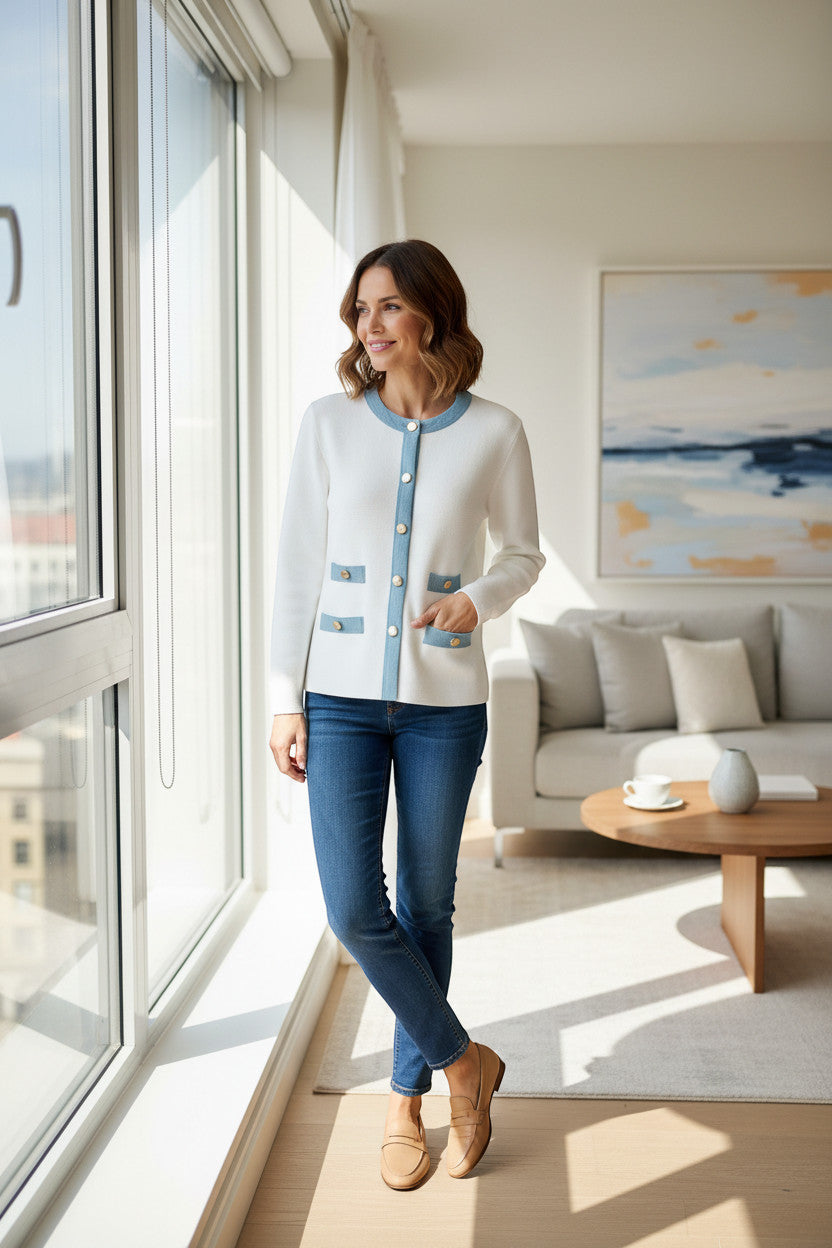 MiLA Boutique white textured knit cardigan with blue trim and button front, round neckline, and faux pockets.