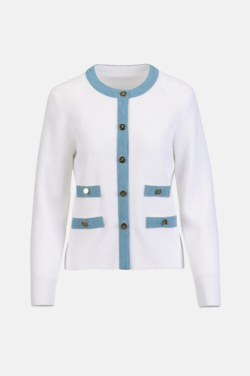 MiLA Boutique white textured knit cardigan with blue trim, round neckline, button front, and faux pockets.