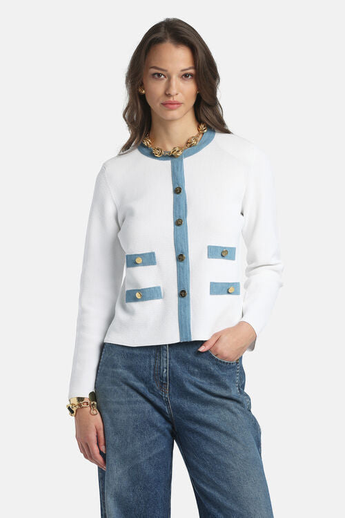 MiLA Boutique white textured knit cardigan with blue trim, button front, round neckline, and faux pockets.