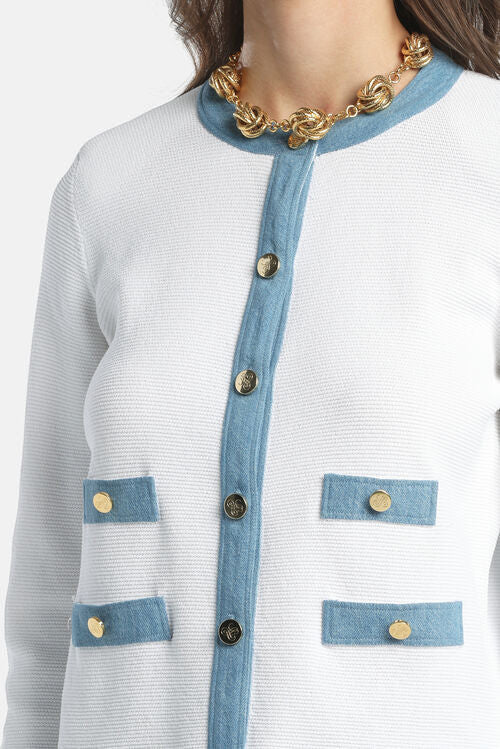 MiLA Boutique white textured knit cardigan with blue trim, button front, round neckline, and faux pockets.