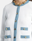 MiLA Boutique white textured knit cardigan with blue trim, button front, round neckline, and faux pockets.