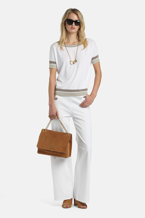 MiLA Boutique white viscose-blend knit sweater with boat neck, short sleeves, and metallic yarn accents on cuffs and hem.