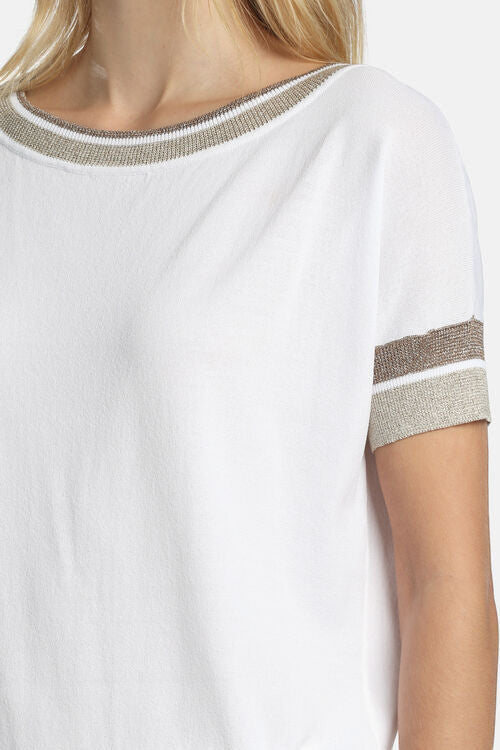 MiLA Boutique white viscose-blend knit sweater with boat neck and metallic yarn accents on neckline and sleeves.