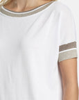 MiLA Boutique white viscose-blend knit sweater with boat neck and metallic yarn accents on neckline and sleeves.