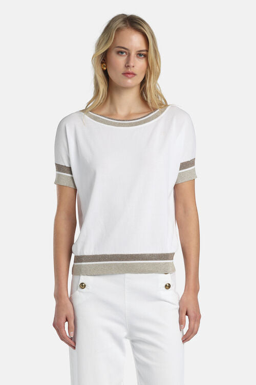 MiLA Boutique white viscose-blend knit sweater with boat neck, short sleeves, and metallic yarn trim on neckline, cuffs, and hem.