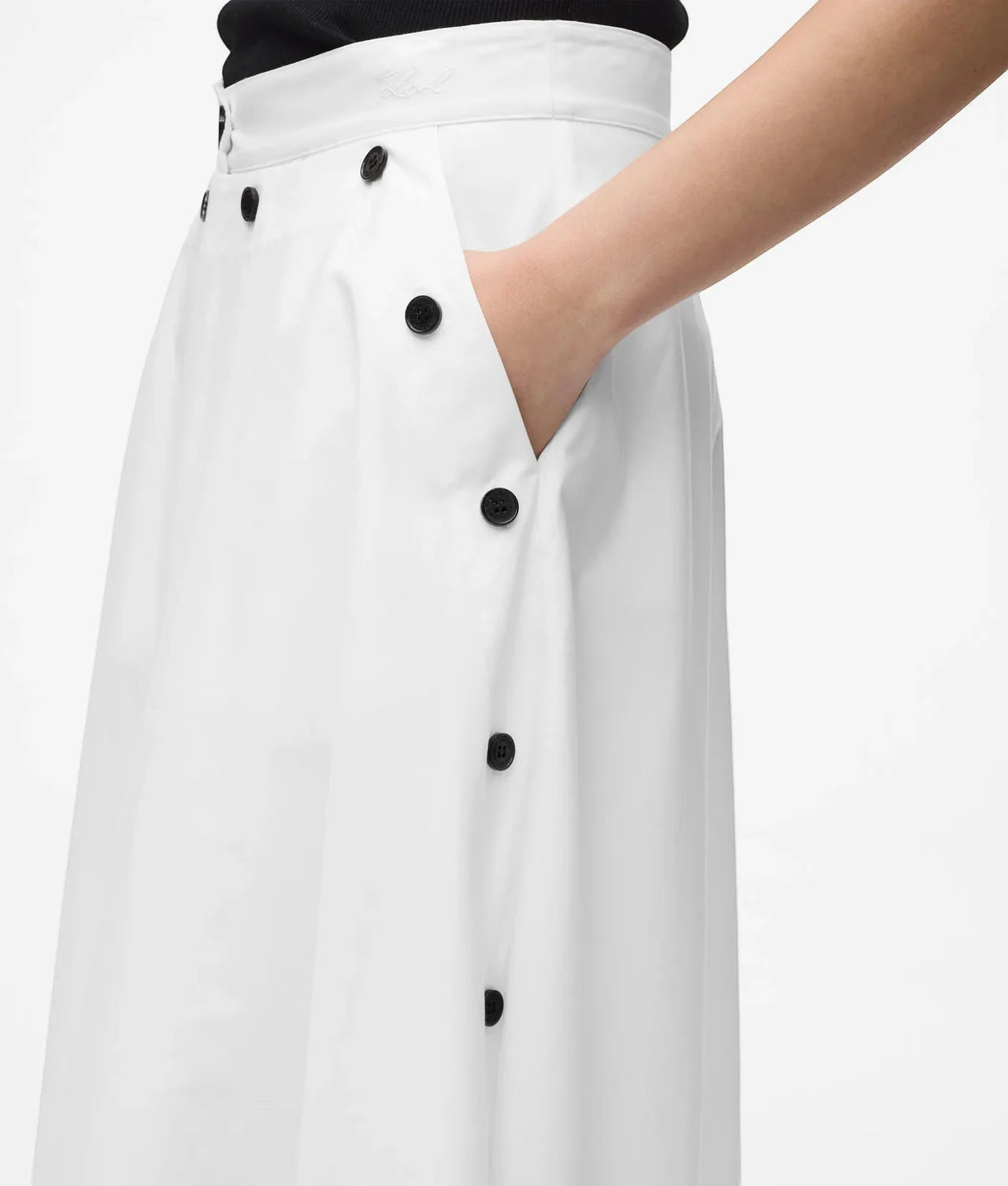 MiLA Boutique white A-line midi skirt with black button details and pockets