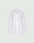 MiLA Boutique white cotton poplin shirt with a classic collar, concealed buttons, and decorative neckerchief with fabric flower detail.