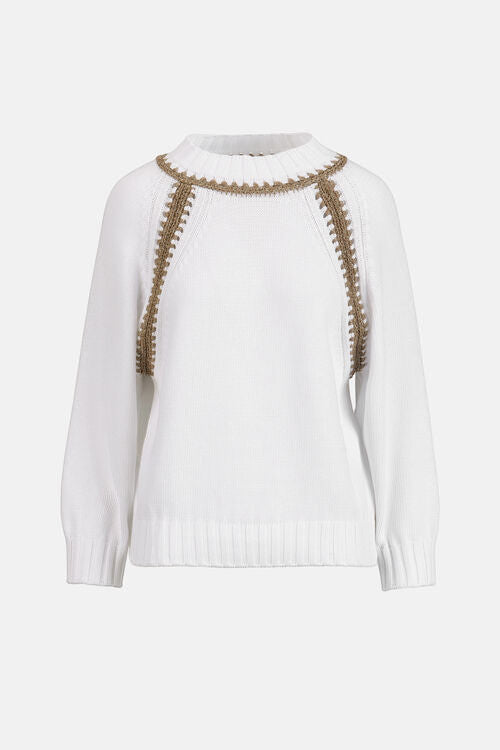 MiLA Boutique white cotton raglan sweater with decorative gold trim on neckline and sleeves.