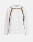 MiLA Boutique white cotton raglan sweater with decorative gold trim on neckline and sleeves.