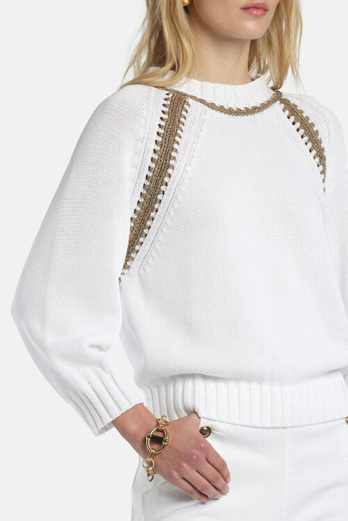 MiLA Boutique white cotton raglan sweater with decorative tan stitching on sleeves and neckline.