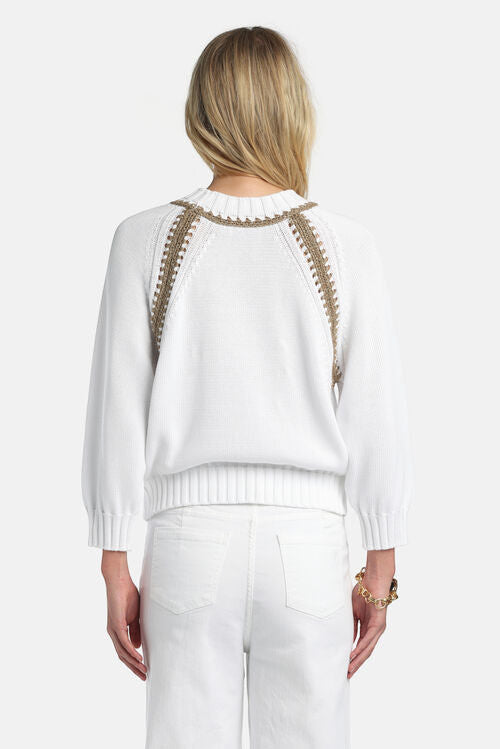 MiLA Boutique white cotton raglan sweater with decorative tan trim on neckline and sleeves, flat-ribbed cuffs and hem.