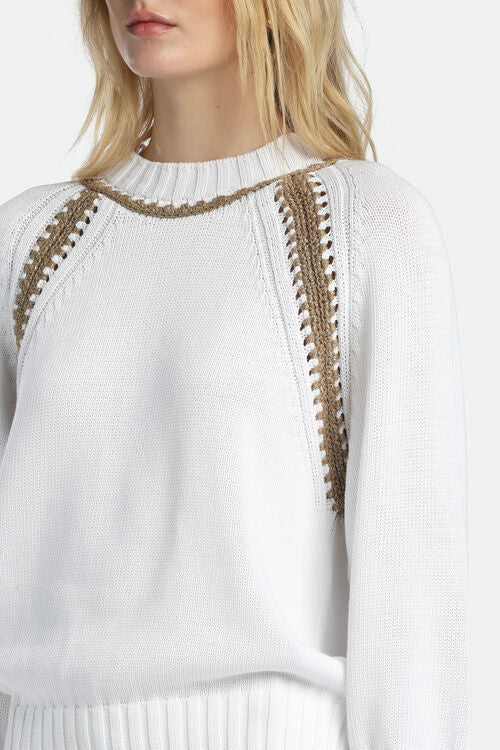 MiLA Boutique white cotton raglan sweater with decorative tan crochet trim on neckline and sleeves.
