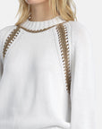 MiLA Boutique white cotton raglan sweater with decorative tan crochet trim on neckline and sleeves.