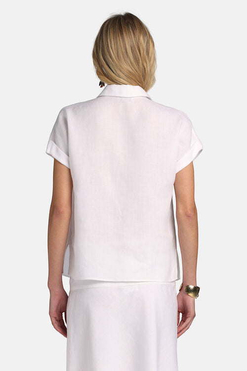 MiLA Boutique white linen shirt with polo collar, cap sleeves, and gold-tone buttons. Regular fit.