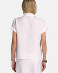 MiLA Boutique white linen shirt with polo collar, cap sleeves, and gold-tone buttons. Regular fit.