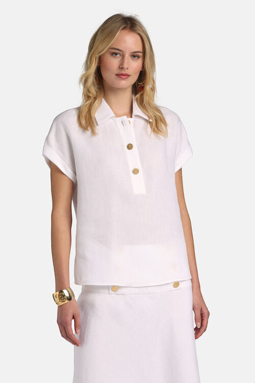 MiLA Boutique white linen shirt with polo collar, gold buttons, cap sleeves, and turn-up cuffs. Regular fit.