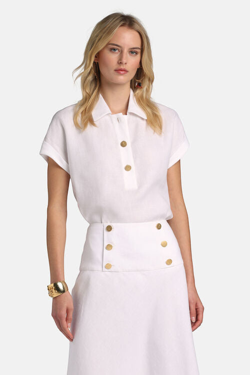 MiLA Boutique white linen polo shirt with gold buttons, cap sleeves, and turn-up cuffs.