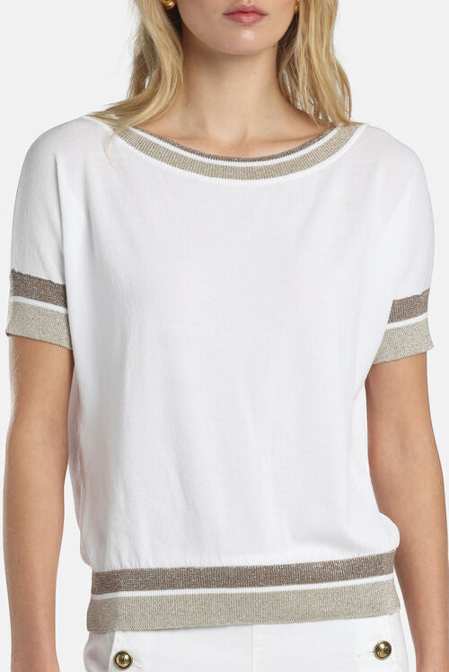 MiLA Boutique white viscose-blend knit sweater with boat neckline, short sleeves, and metallic yarn accents on neckline, cuffs, and hem.