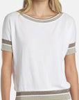 MiLA Boutique white viscose-blend knit sweater with boat neckline, short sleeves, and metallic yarn accents on neckline, cuffs, and hem.