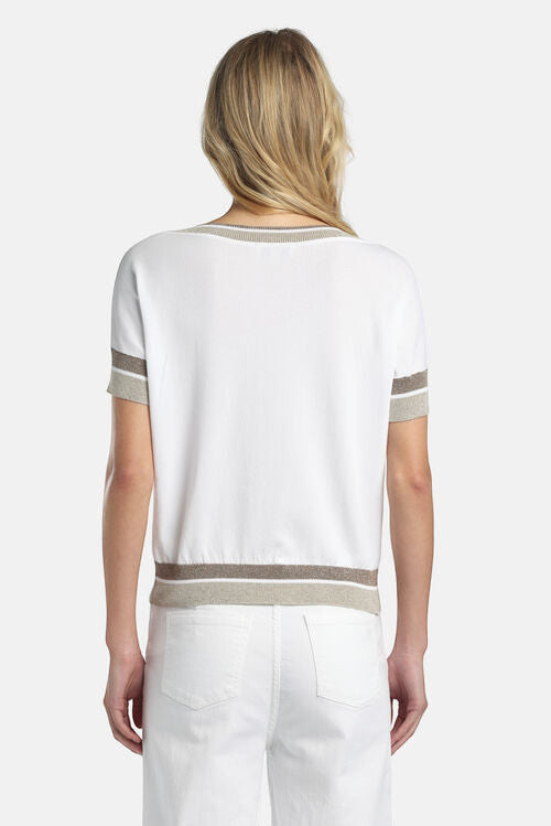 MiLA Boutique white viscose-blend knit sweater with boat neck, short sleeves, and shimmering metallic yarn accents on neckline, cuffs, and hem.