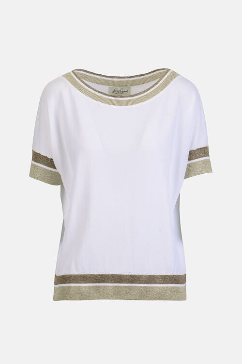 MiLA Boutique white viscose-blend knit sweater with boat neck, short sleeves, and shimmering gold metallic yarn accents on neckline, cuffs, and hem.
