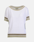 MiLA Boutique white viscose-blend knit sweater with boat neck, short sleeves, and shimmering gold metallic yarn accents on neckline, cuffs, and hem.