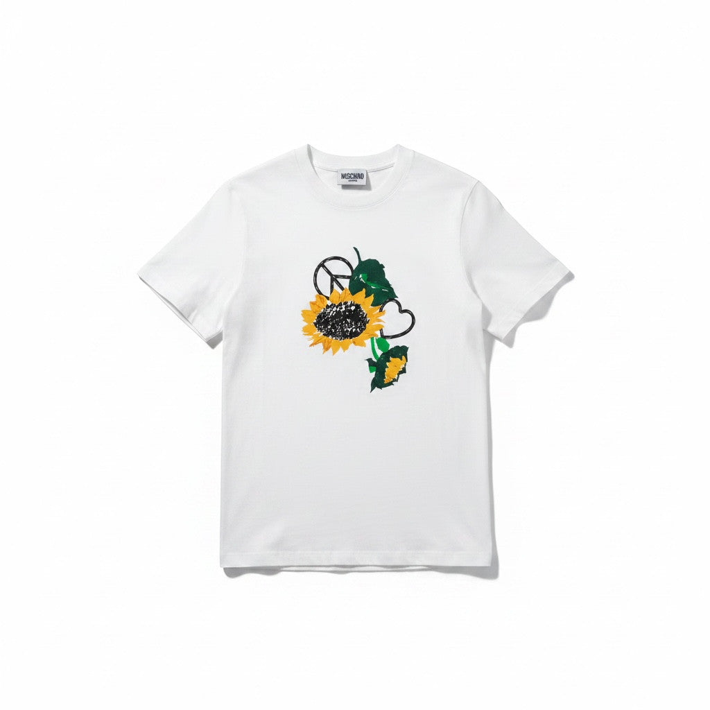 Moschino Jeans white cotton t-shirt with a vibrant sunflower, peace sign, and heart graphic print.