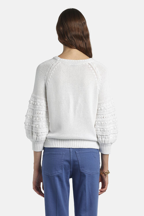 MiLA Boutique white cotton sweater with puff raglan sleeves featuring crochet-effect texturing, round neck, and flat-rib trims.