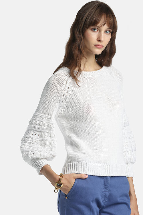 MiLA Boutique white cotton sweater with puff raglan sleeves featuring crochet-effect texturing and round neckline.