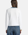 MiLA Boutique white textured knit button front cardigan with blue trim and faux pockets. Model wears jeans.