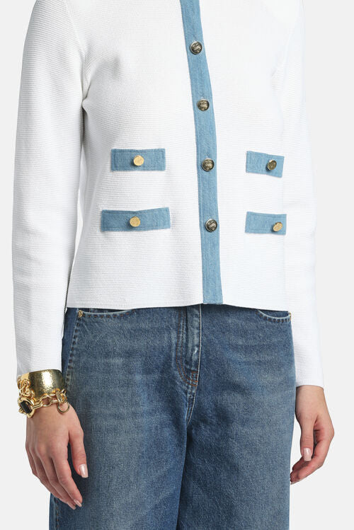 MiLA Boutique white textured knit cardigan with blue trim and gold button details, round neckline, faux pockets.