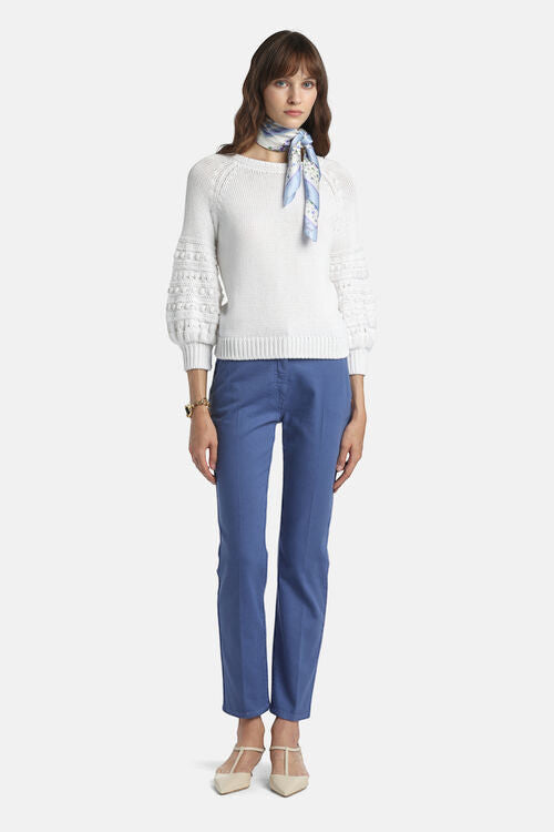 MiLA Boutique white cotton sweater with puff raglan sleeves featuring crochet-effect texturing, round neckline, and flat-rib trims.