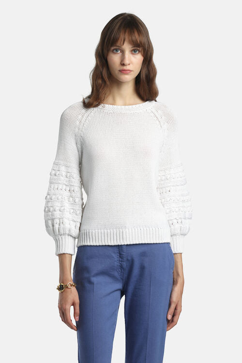 MiLA Boutique white cotton sweater with puff raglan sleeves featuring crochet-effect texturing and round neckline.