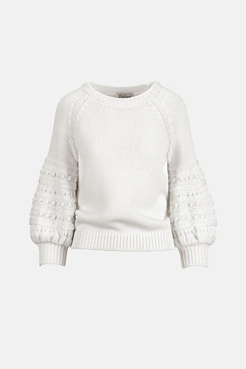 MiLA Boutique white cotton sweater with puff raglan sleeves featuring crochet-effect texturing and ribbed trims.